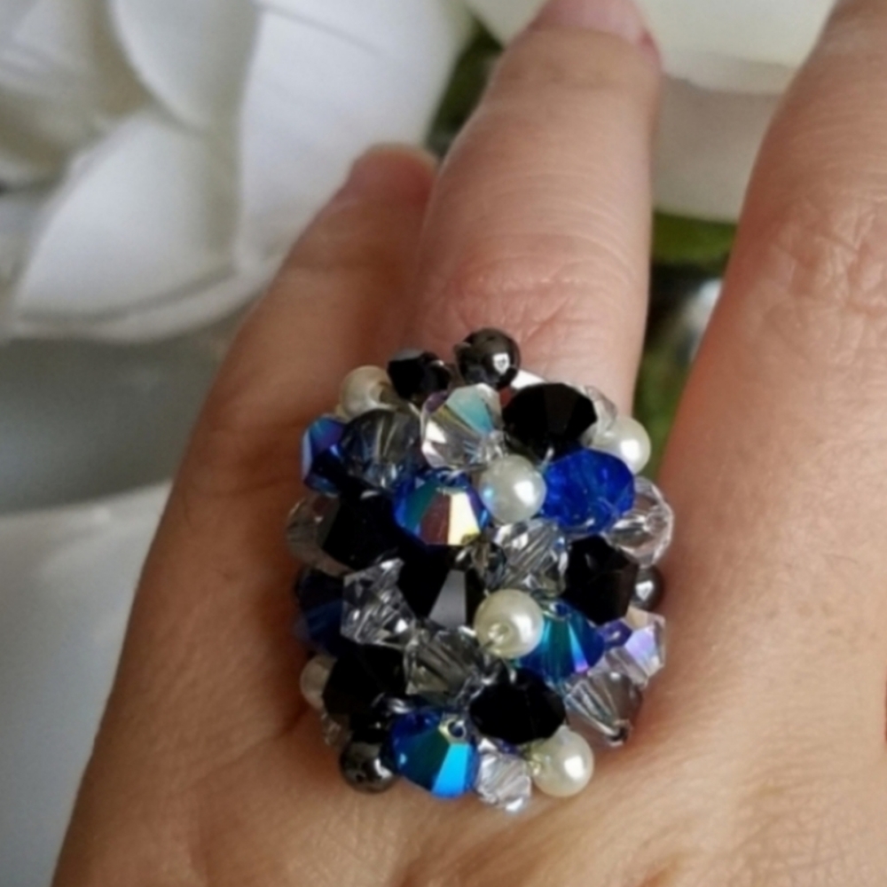 Swarovski Elements Large Mixed Media Blue Cluster Statement Ring NWT